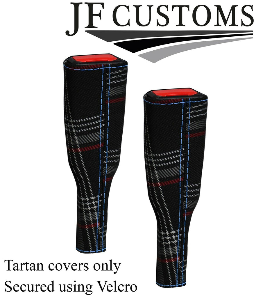 L BLUE STITCH RED TARTAN 2X SEAT BELT TALL COVERS FOR VW T5 TRANSPORTER