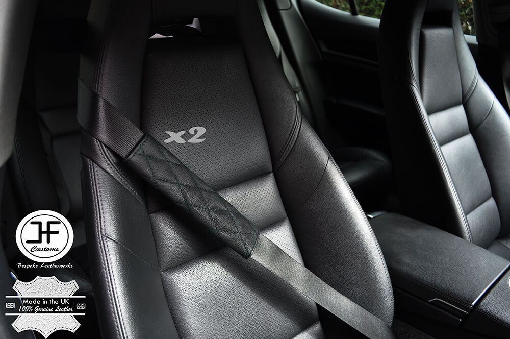 2X BLACK DIAMOND STITCH BLACK LEATHER LUXURY SHOULDER SEAT BELT PADDED PADS