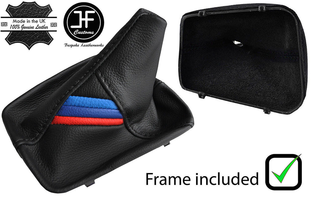 BLACK STITCH TRI STRIPE LEATHER GEAR GAITER + PLASTIC FRAME FOR BMW 3 E36 91-98