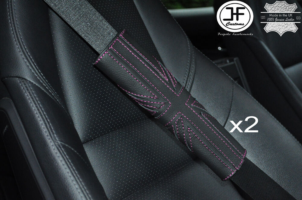 2X UNION JACK DESIGN DARK RED STITCH LEATHER LUXURY SHOULDER SEAT BELT PADS