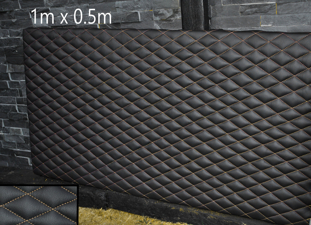 BLACK LEATHER PADDED CREAM DIAMOND STITCH 1M X 0.5M UPHOLSTERY FURNITURE AUTO