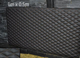 BLACK LEATHER PADDED CREAM DIAMOND STITCH 1M X 0.5M UPHOLSTERY FURNITURE AUTO