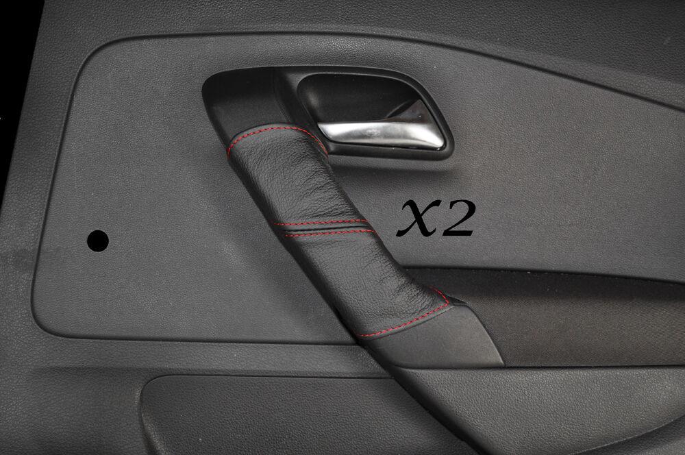 RED STITCH 2X REAR DOOR HANDLE LEATHER COVERS FITS VW POLO MK8 2009-2014