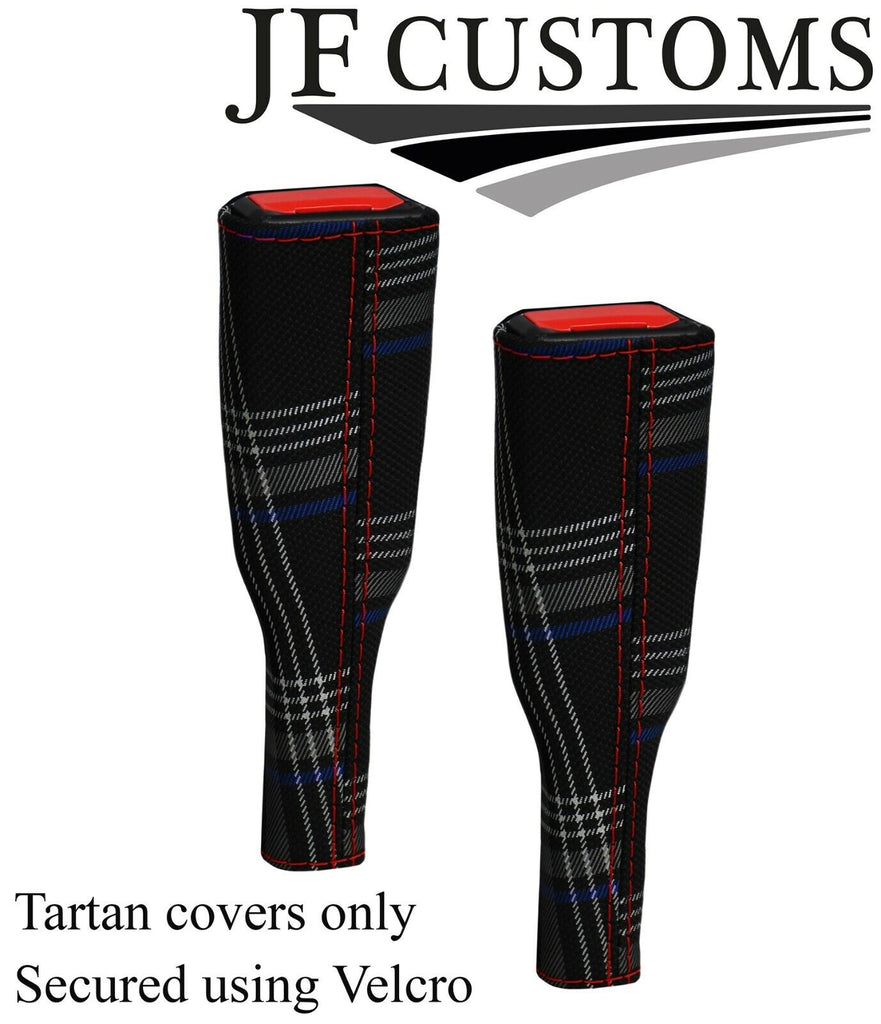 D RED STITCH BLUE TARTAN 2X SEAT BELT TALL COVERS FOR VW T5 TRANSPORTER