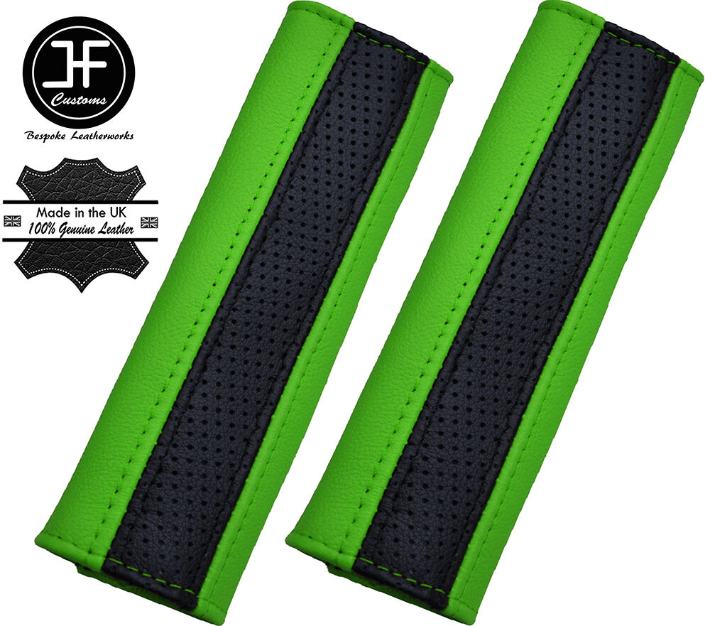 2X BLACK PERFORATED & GREEN  LEATHER LUXURY SHOULDER SEAT BELT PADDED PADS