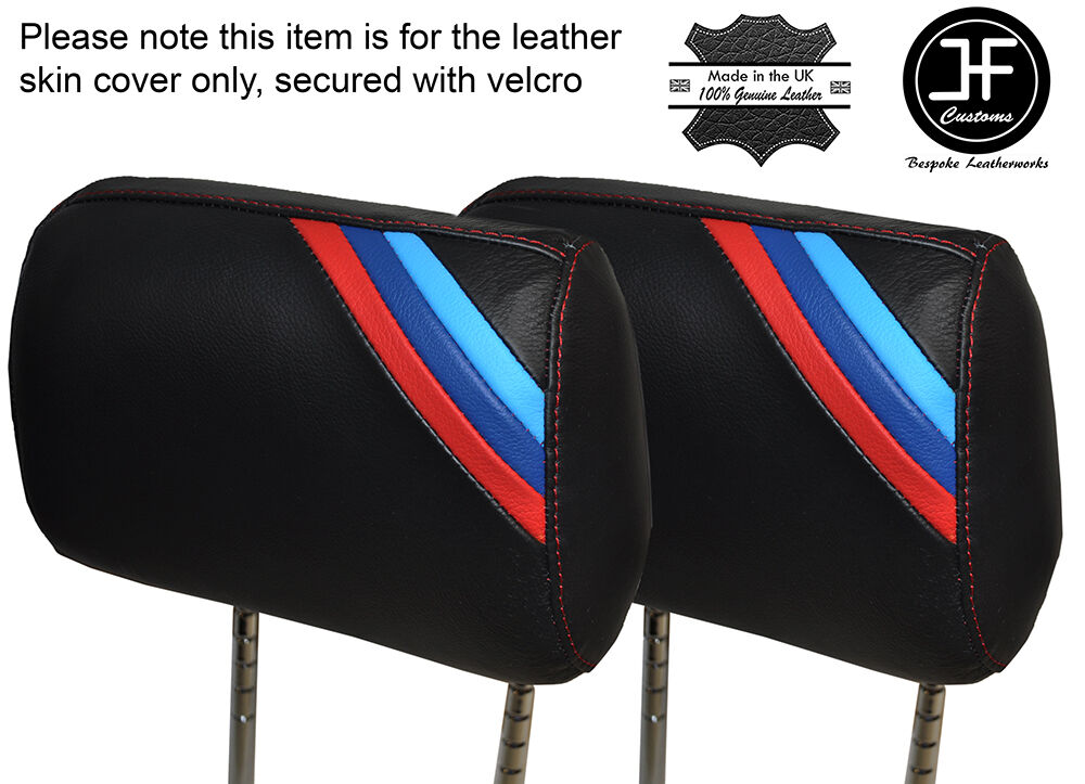 TRI STRIPES RED STITCH 2X FRONT SE HEADREST COVERS FITS BMW 3 SERIES E46 99-05