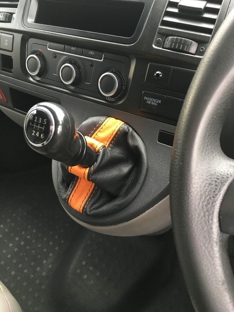 BLACK & ORANGE STRIPES LEATHER  GEAR GAITOR FOR VW T5 TRANSPORTER CARAVELLE