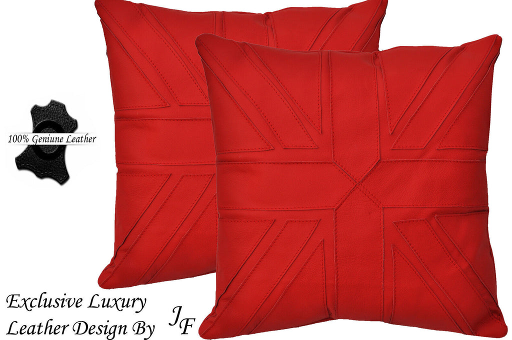 2X EXCLUSIVE LUXURY GENUINE LEATHER CUSHION DESIGN UNION JACK LARGE RED