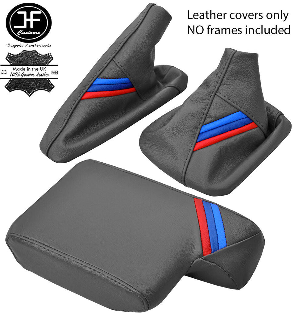 DARK GREY LEATHER TRI STRIPE GEAR HANDBRAKE ARMREST COVER FOR BMW 3 E36 91-99