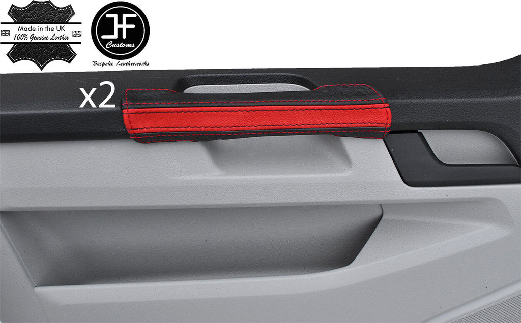 BLACK & RED STRIPE 2X DOOR HANDLE LEATHER COVERS FITS VW T6 TRANSPORTER 16-19