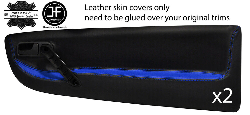 BLACK&BLUE LEATHER 2X FRONT DOOR CARD TRIM COVERS FITS VW LUPO 98-05 STYLE 2