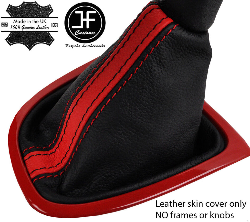 BLACK & RED STRIPE TOP GRAIN LEATHER GEAR GAITER FITS RENAULT CLIO 2012-2016