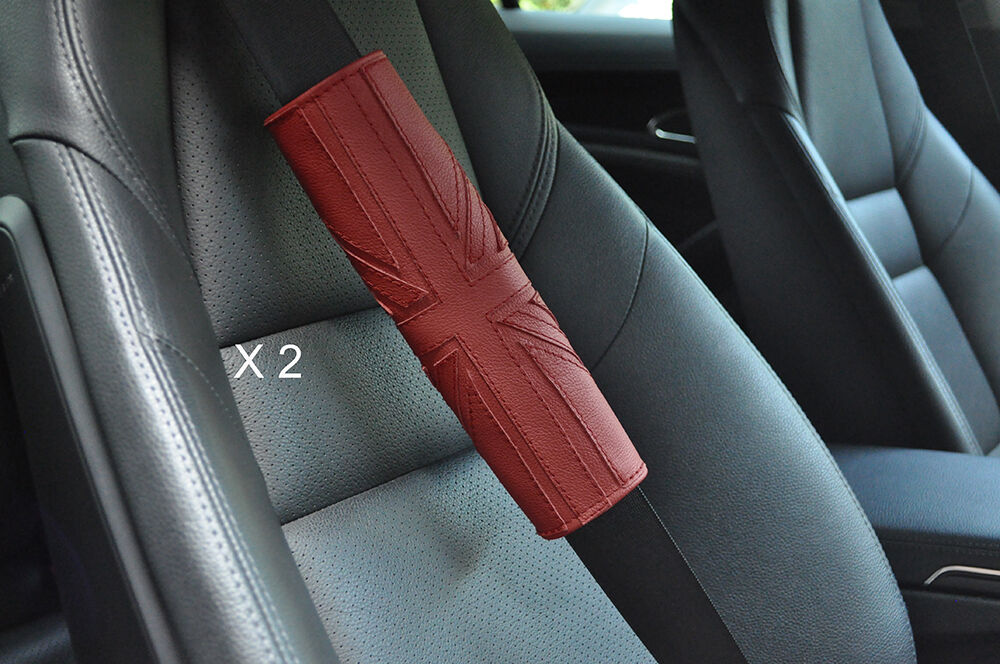 2X UNION JACK DESIGN DARK RED LEATHER LUXURY SHOULDER SEAT BELT PADDED PADS