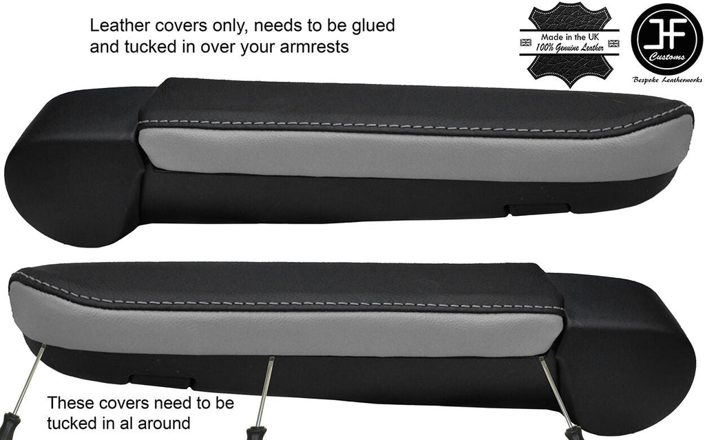 BLACK & GREY 2X REAL LEATHER ARMREST COVERS FITS VW T5 TRANSPORTER CARAVELLE
