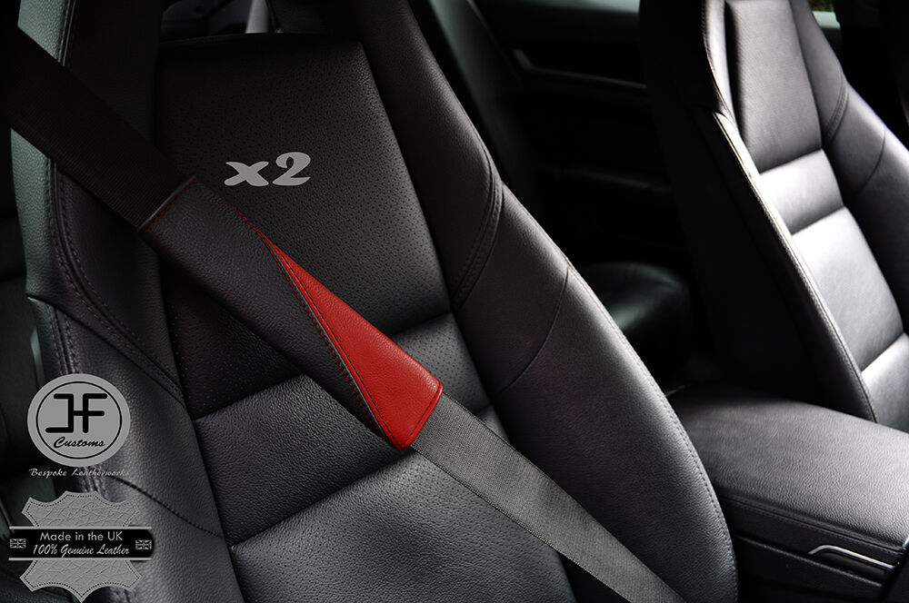 2X BLACK & DARK RED LEATHER TWO TONE LUXURY SHOULDER SEAT BELT PADDED PADS