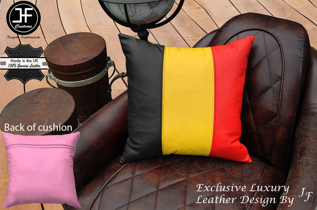 BELGIUM FLAG COLOUR LEATHER 1X EXCLUSIVE LUXURY CUSHION 18"x18" PIBK BACK