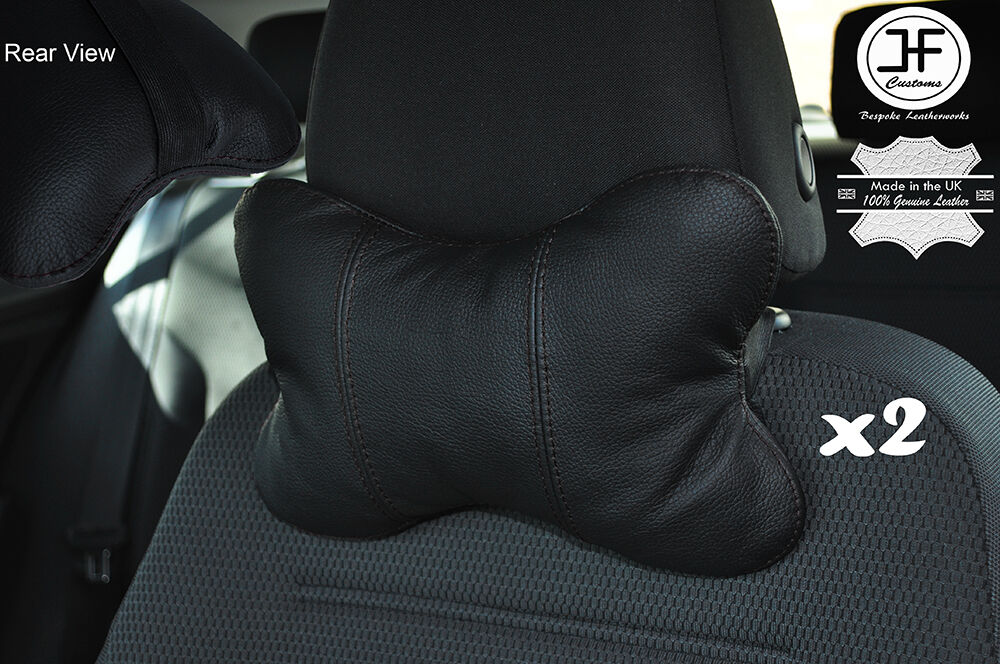 2X BLACK STITCH BLACK LEATHER LUXURY HEADREST PILLOW NECK REST CUSHION PAD