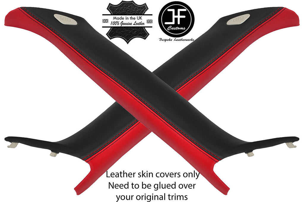 BLACK & RED 2X A PILLAR 2 TONE LEATHER COVERS FITS BMW MINI CLUBMAN R55 07-13