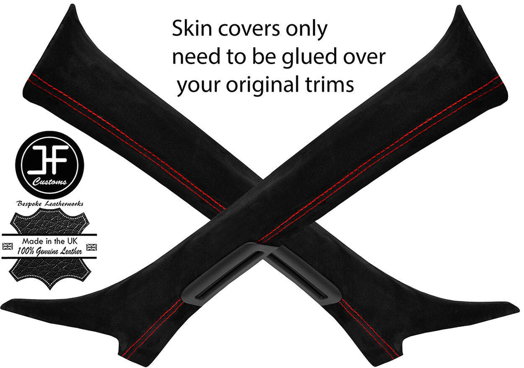 RED STITCHING 2X A PILLAR REAL SUEDE COVERS FITS JAGUAR F-PACE 2016-2018