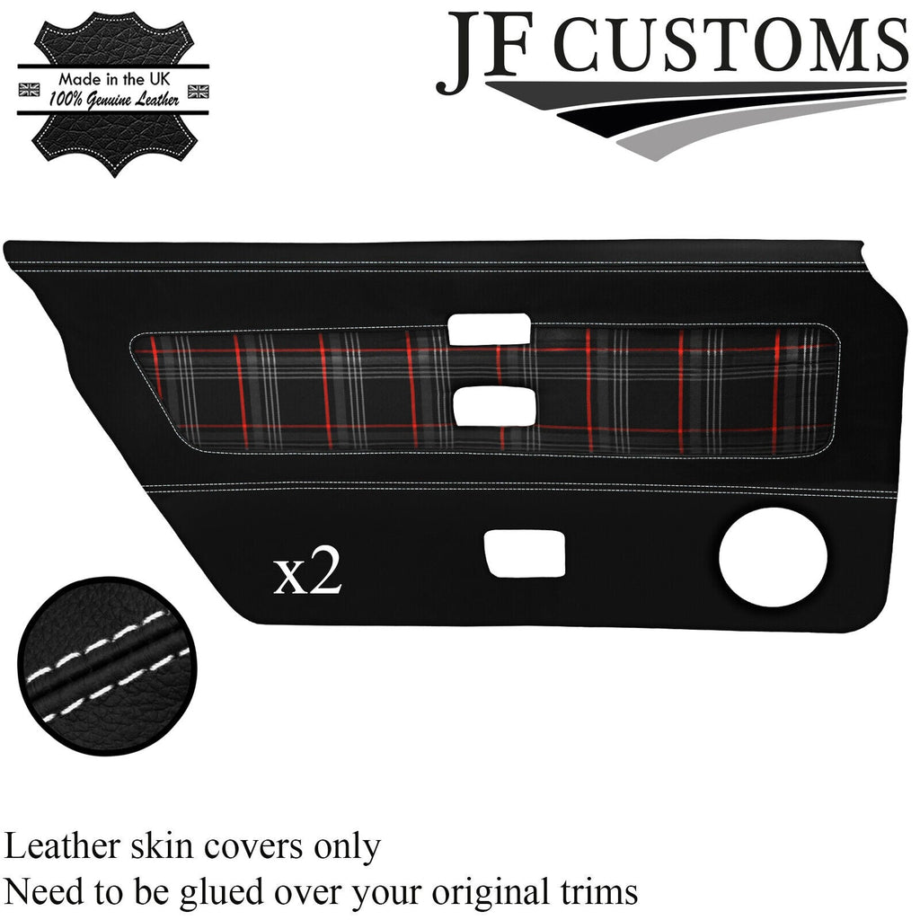 WHITE STITCH LEATHER+RED TARTAN 2X DOOR CARD COVER FOR TRIUMPH TR8 78-81 JF2