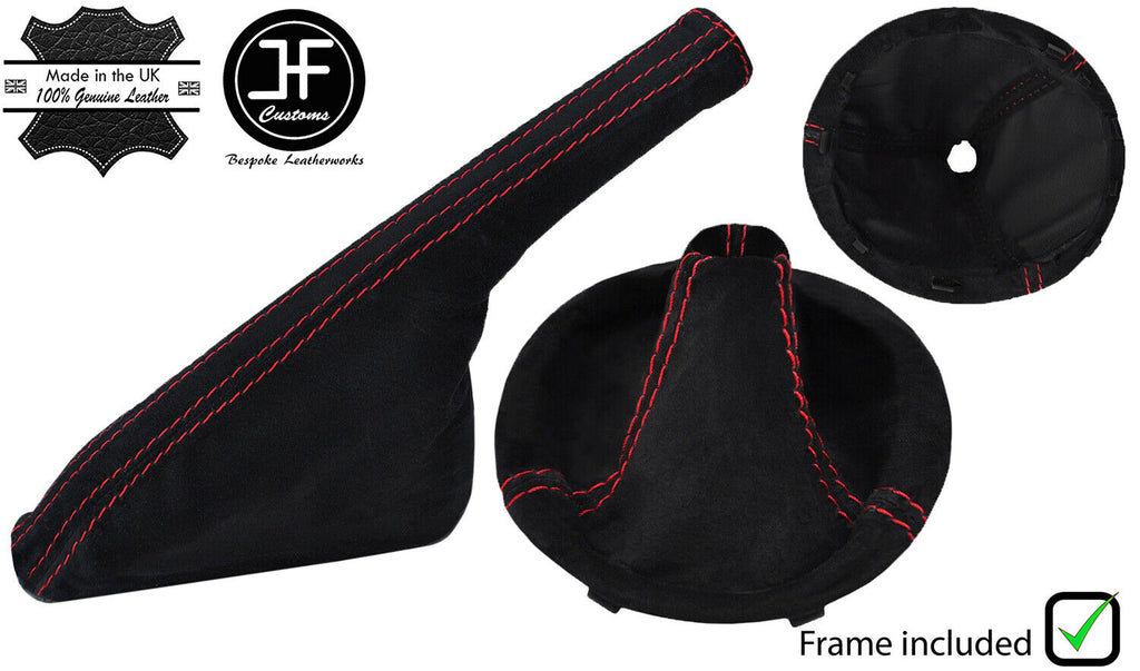 RED STITCH SUEDE GEAR + FRAME & SLIM HANDBRAKE COVER FOR FIAT 500 2007-2015