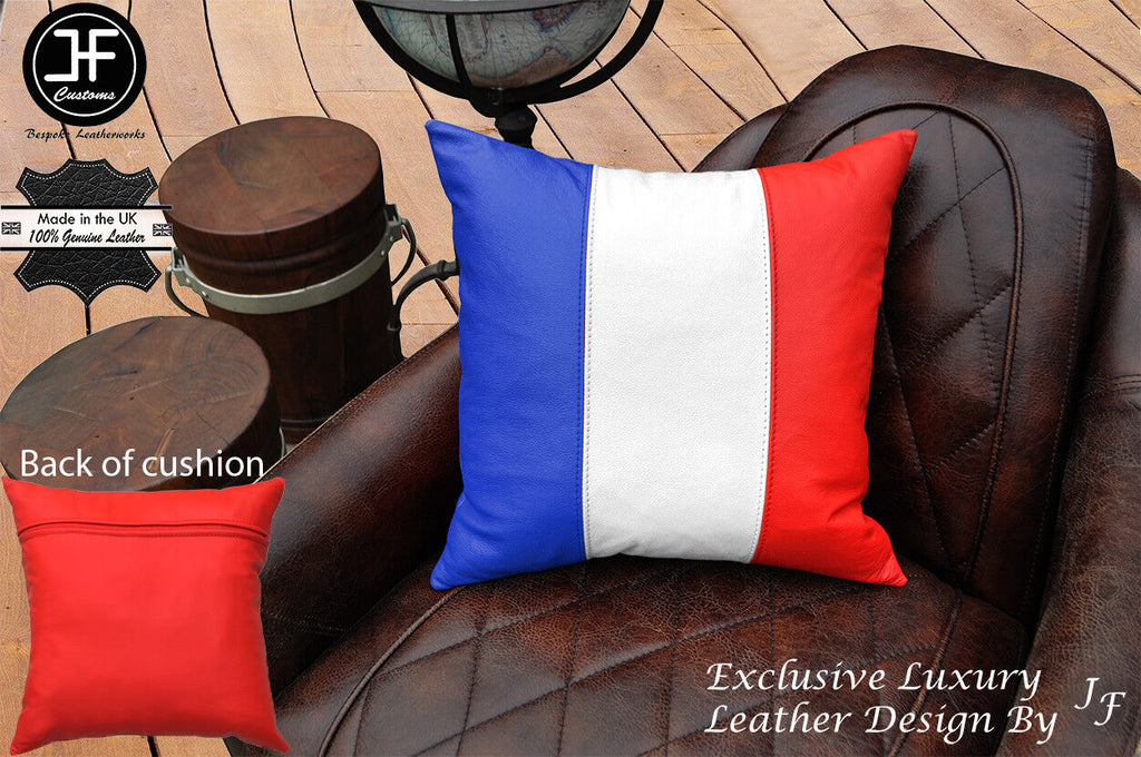 FRANCE FLAG COLOURS LEATHER 1X EXCLUSIVE LUXURY CUSHION 18"x18" RED BACK