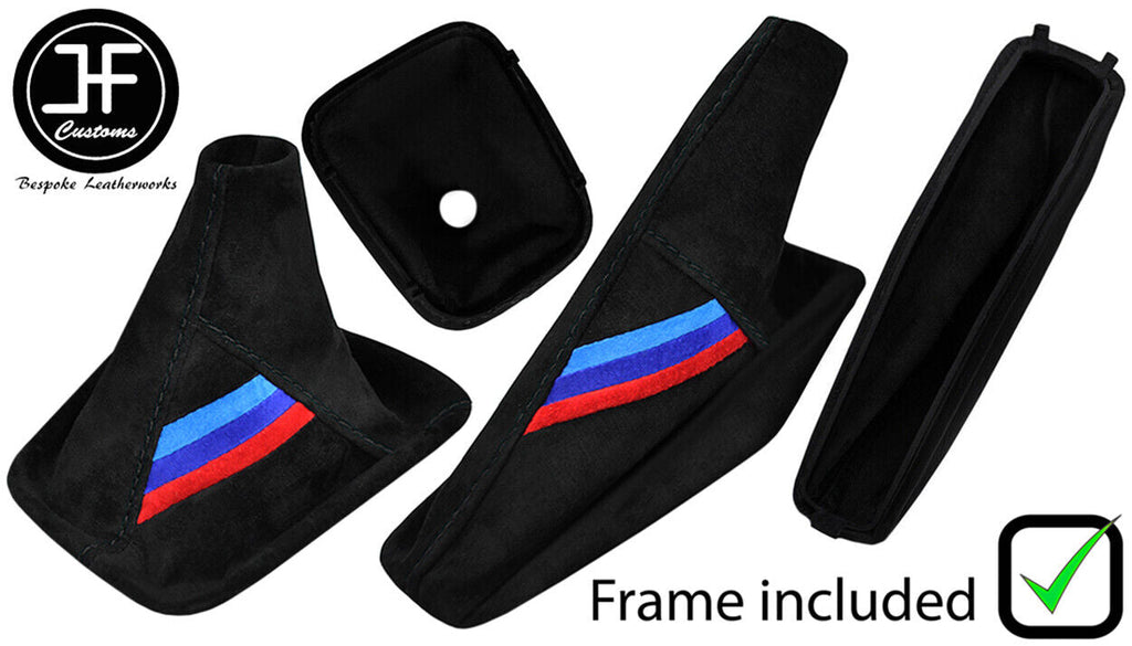 BLACK STITCH TRI STRIPE SUEDE MANUAL GAITER SET+PLASTIC FRAME FOR BMW E34 87-97