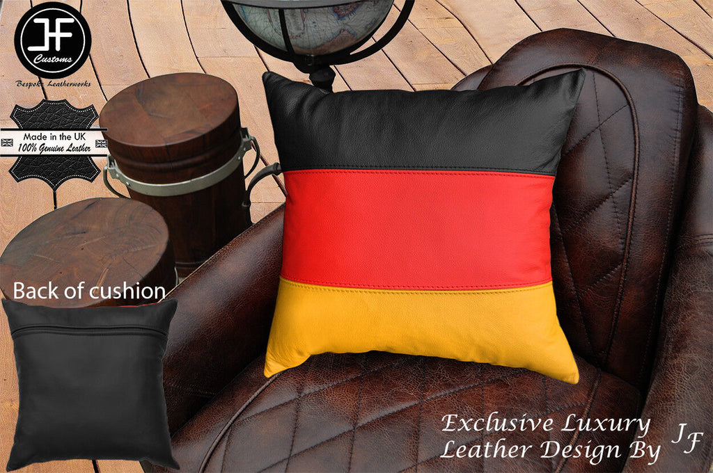 GERMAN FLAG COLOUR LEATHER 1X EXCLUSIVE LUXURY CUSHION 18"x18" BLACK BACK