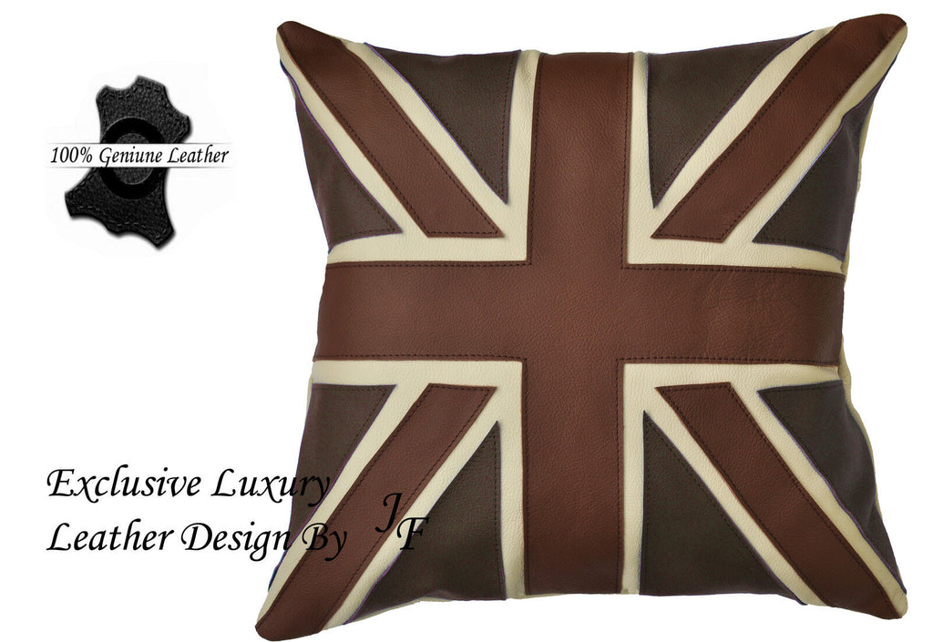 2 X EXCLUSIVE LUXURY GENUINE LEATHER CUSHION DESIGN UNION JACK LARGE BROWN TAN