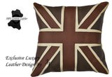 2 X EXCLUSIVE LUXURY GENUINE LEATHER CUSHION DESIGN UNION JACK LARGE BROWN TAN