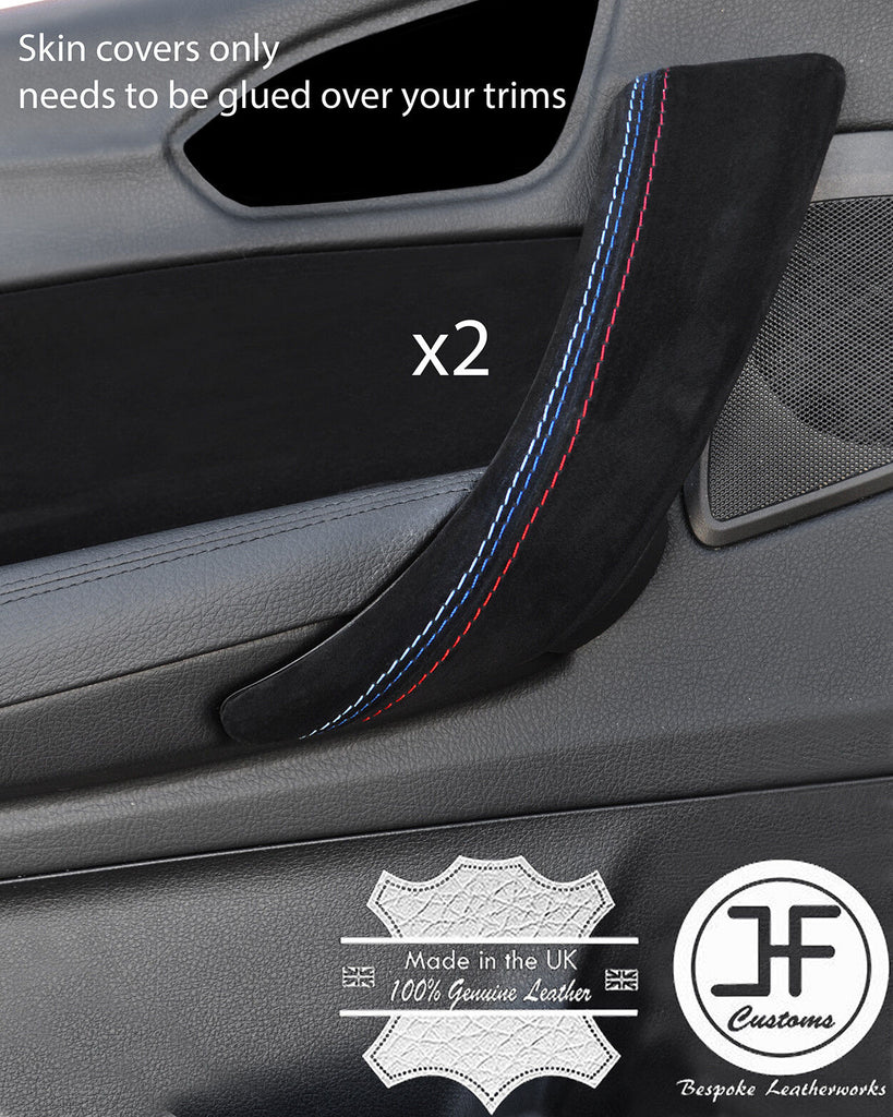 BLACK SUEDE TRI STITCH 2X DOOR HANDLE TRIM COVERS FOR BMW 1 SERIES F20 F21 11-17
