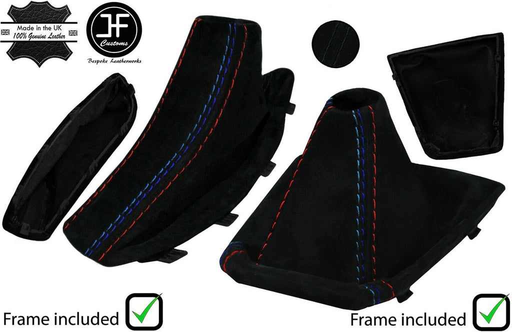 BLACK & TRI STITCH SUEDE MANUAL GAITER SET+PLASTIC FRAME FOR BMW X3 E83 03-10