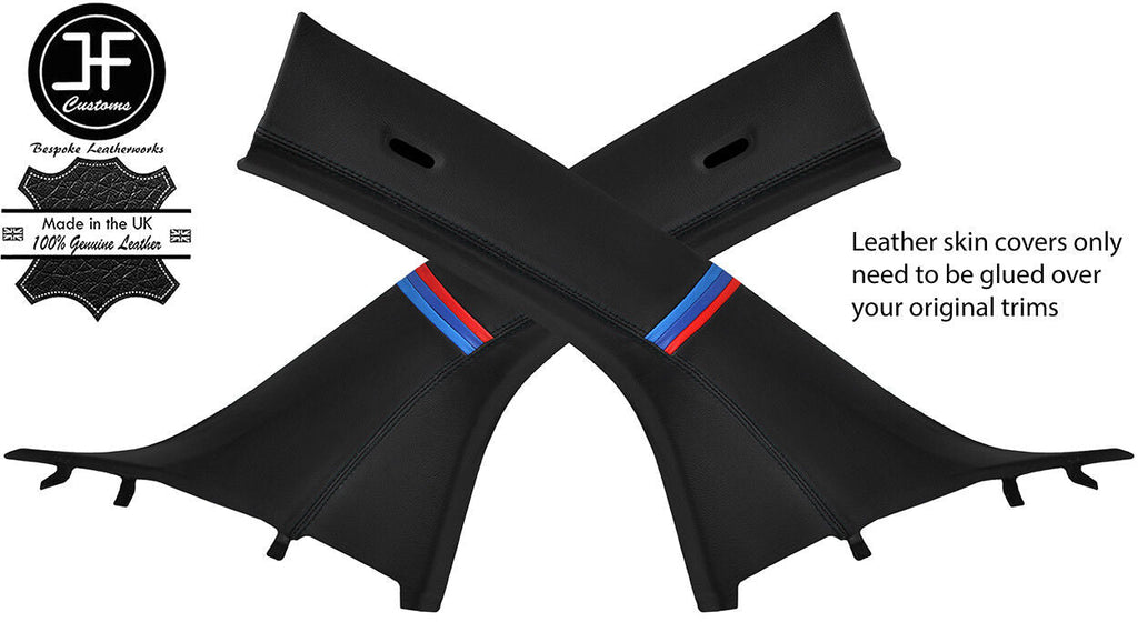 BLACK STITCH TRI STRIPE 2X A PILLAR REAL LEATHER COVERS FOR BMW I3 2013-2018