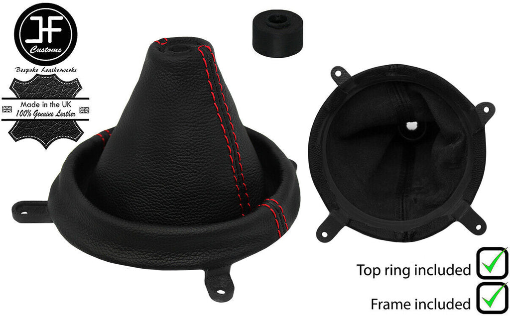 RED STITCH LEATHER GEAR GAITER+PLASTIC FRAME+TOP RING FITS MAZDA 2 2007-2014