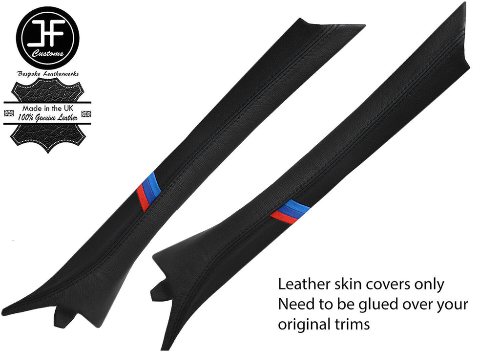 BLACK STITCH TRI STRIPE 2X A PILLAR LEATHER COVERS FOR BMW E36 CONVERTIBLE 93-98