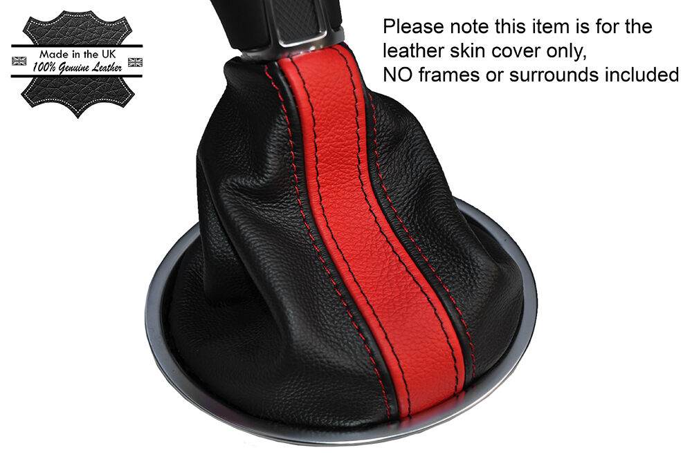 BLACK & RED STRIPE LEATHER SKIN MANUAL GEAR GAITER FITS VW BEETLE 2012-2015
