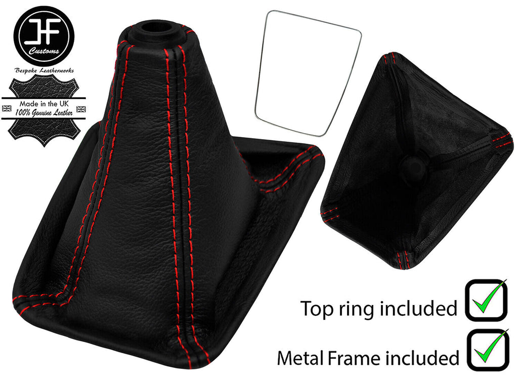 RED STITCH LEATHER GEAR GAITER+METAL FRAME+TOP RING FITS NISSAN SKYLINE R32