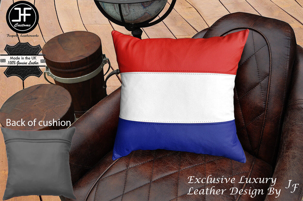 NETHERLAND FLAG COLOUR LEATHER 1X EXCLUSIVE LUXURY CUSHION 18"x18" DARK GREYBACK