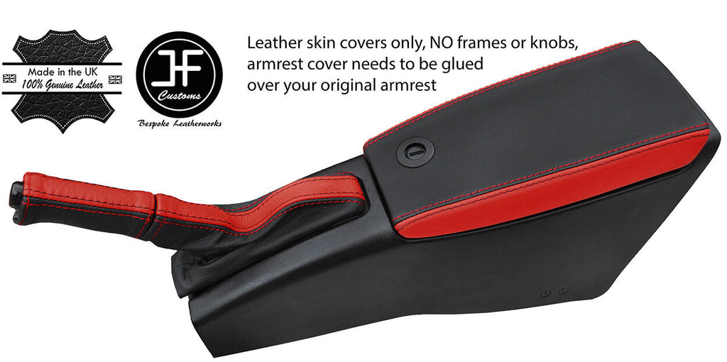 BLACK & RED REAL LEATHER ARMREST+HANDBRAKE+HANDLE COVERS FOR FIAT BARCHETTA