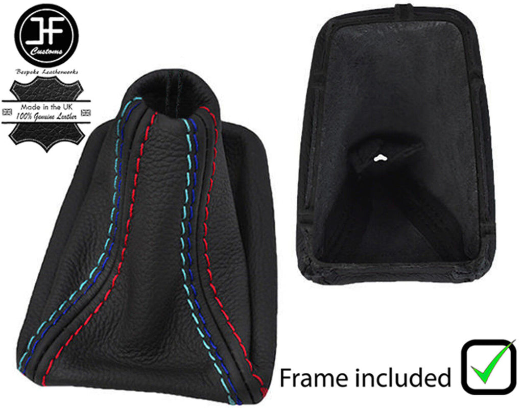 BLACK & TRI STITCH AUTO LEATHER GEAR GAITER+PLASTIC FRAME FOR BMW E90 E91 E92