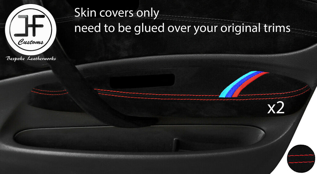 RED STITCH TRI STRIPE 2X FRONT DOOR ARMREST SUEDE COVERS FOR BMW 1 E87 04-12
