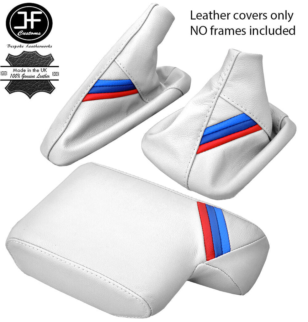 WHITE LEATHER TRI STRIPES GEAR HANDBRAKE ARMREST COVER FOR BMW E36 91-99