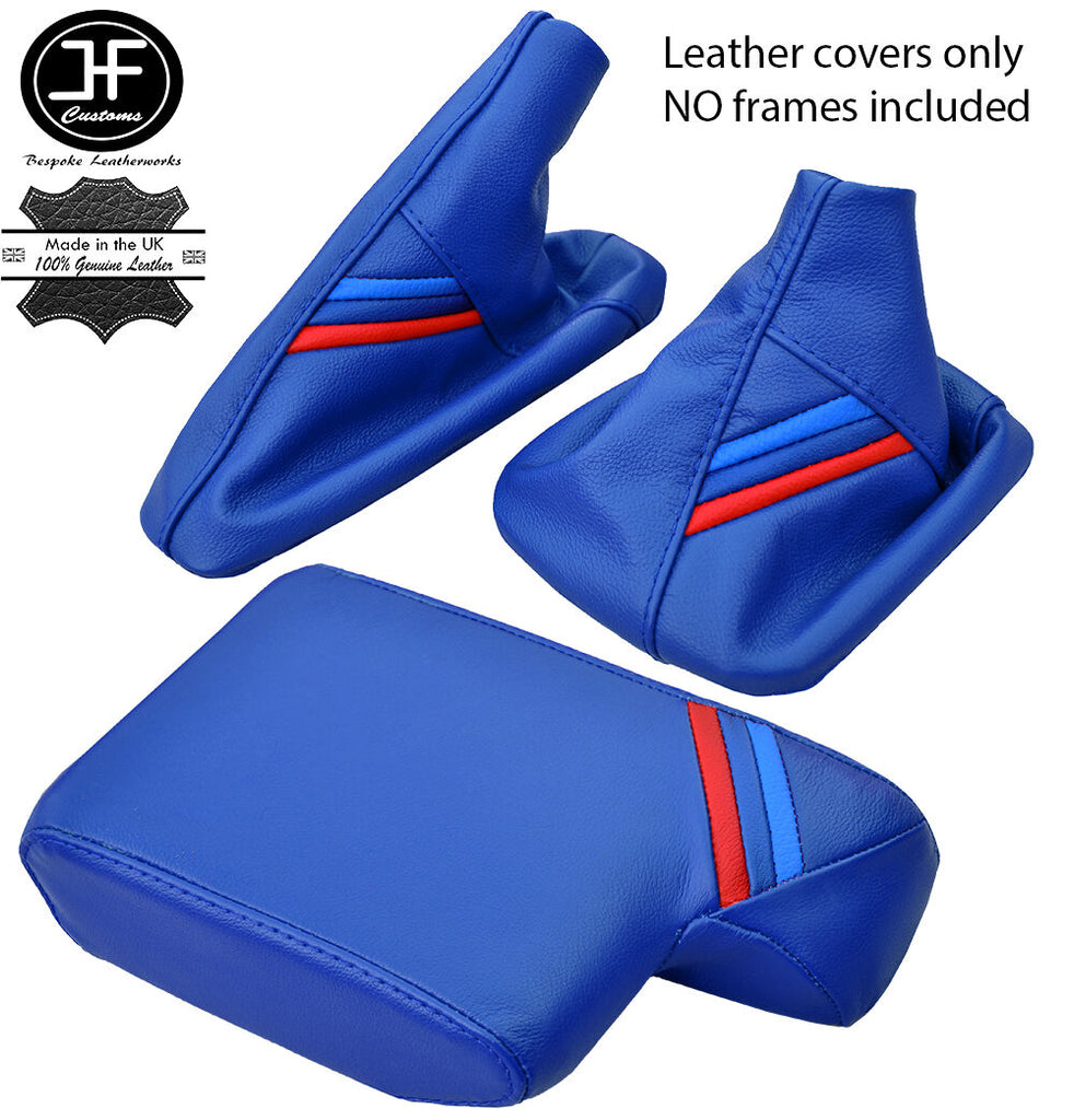 BLUE LEATHER TRI STRIPE GEAR HANDBRAKE ARMREST COVER FOR BMW 3 SERIES E36 91-99