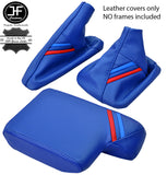 BLUE LEATHER TRI STRIPE GEAR HANDBRAKE ARMREST COVER FOR BMW 3 SERIES E36 91-99