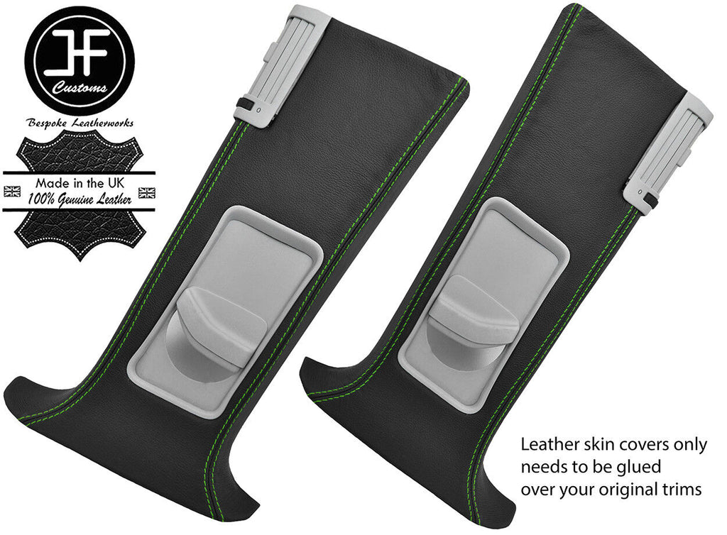 GREEN STITCH 2X UPPER B PILLAR LEATHER COVERS FITS VW T5 TRANSPORTER SHUTTLE