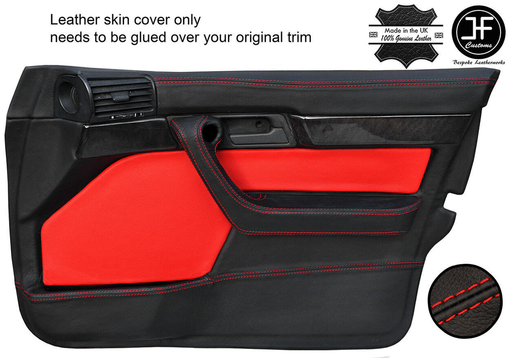 BLACK & RED LEATHER 2X FRONT FULL DOOR CARD COVER FOR BMW 5 SERIES E34 87-97