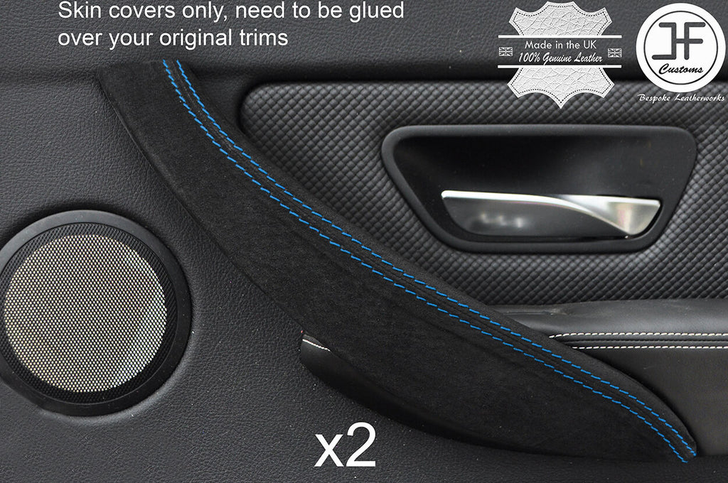 BLUE STITCH 2X REAR DOOR HANDLE TRIM REAL SUEDE COVERS FITS BMW F30 2012-2017