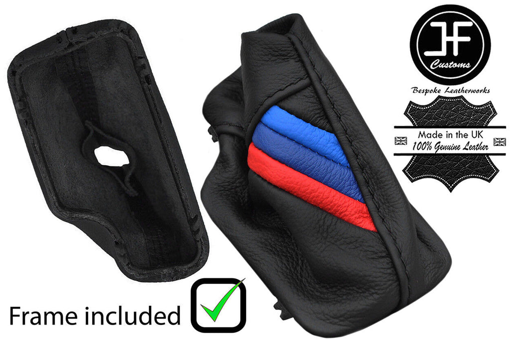 BLACK STITCH TRI STRIPE LEATHER AUTO GEAR GAITER+PLASTIC FRAME FOR BMW E46 99-05