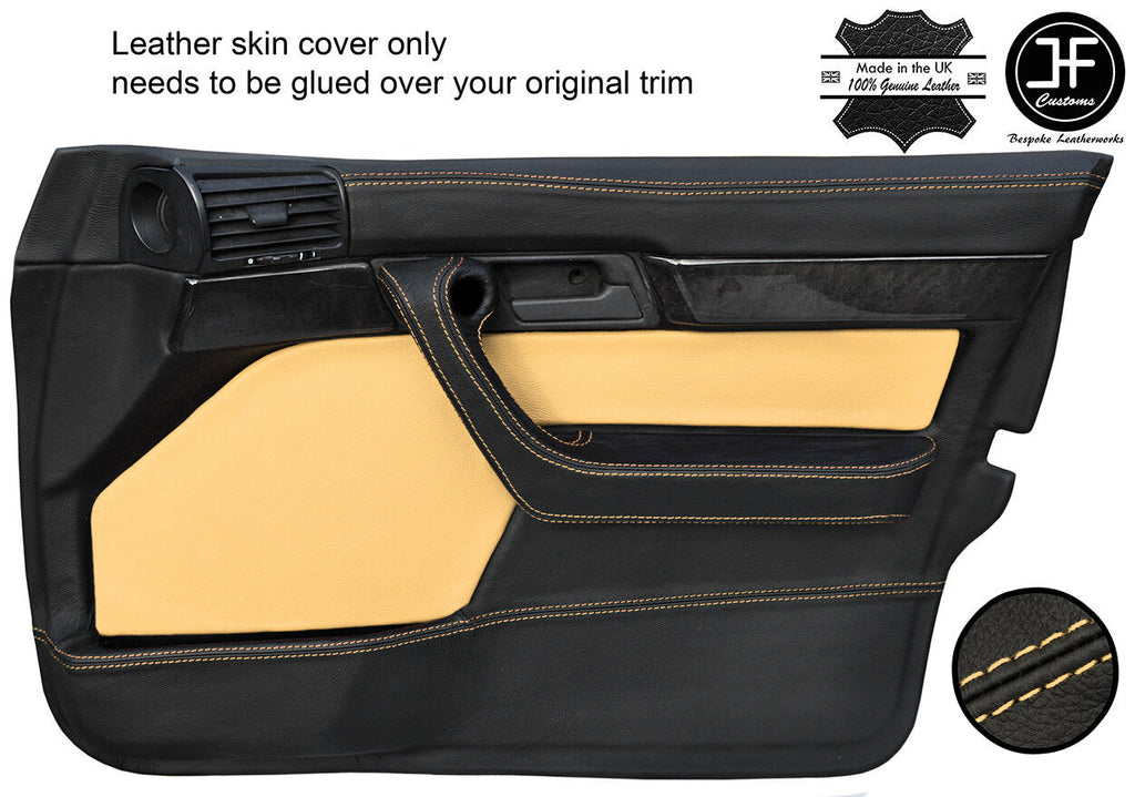 BLACK & BEIGE LEATHER 2X FRONT FULL DOOR CARD COVER FOR BMW 5 SERIES E34 87-97