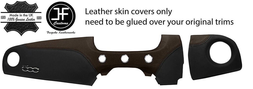 BLACK & BROWN LEATHER 2 PIECE DASH KIT COVER FITS FIAT 500 ABARTH 07-16 STYLE 2